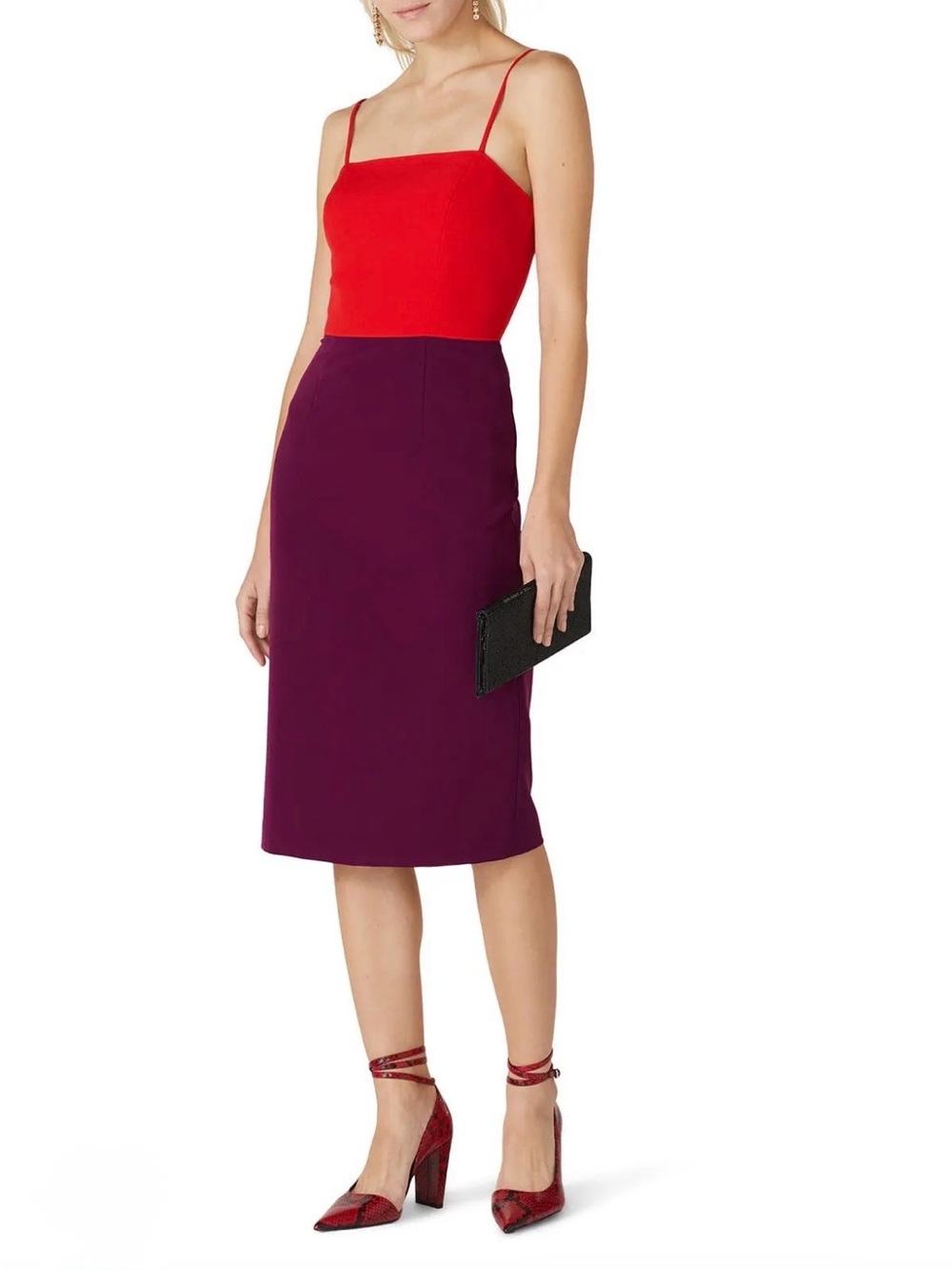 Milly Cady color block pencil Two-Tone Red & Purple Midi Dress NWT
